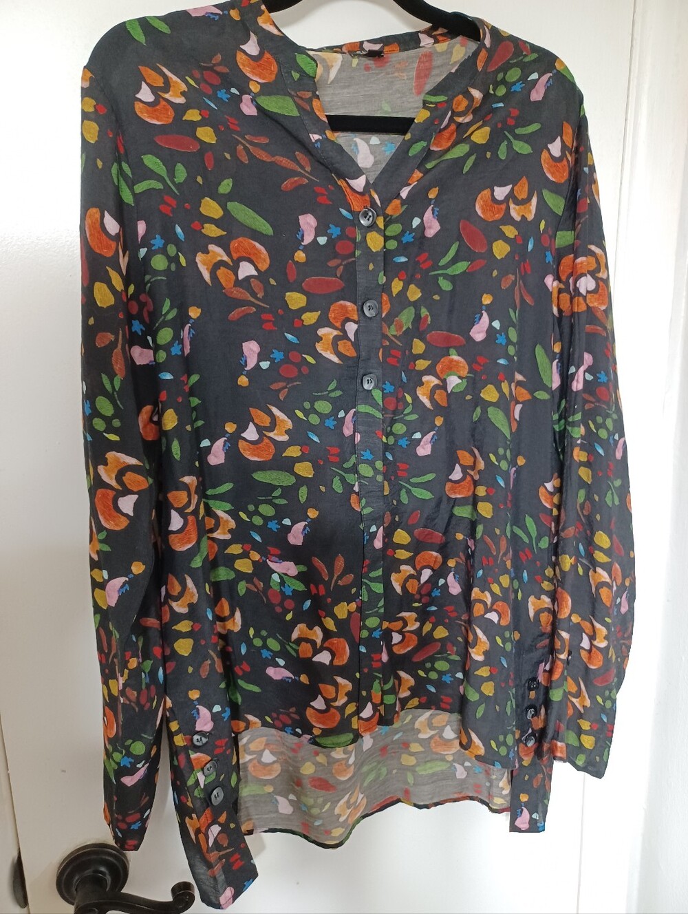 SHANA Black Blouse with Orange, Pink and Blue Petal Print S
